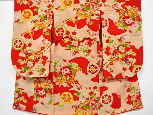 JAPANESE KIMONO / ANTIQUE KIMONO / MON KINSHA / FLOWER CART & CLOUD